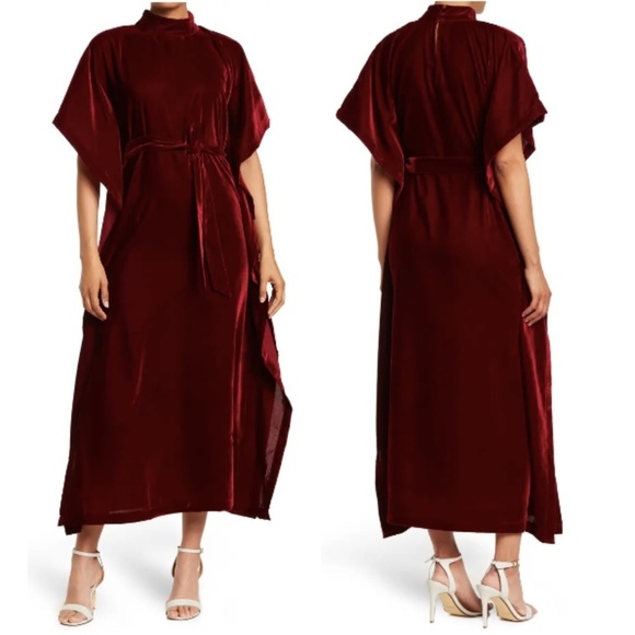 NWT SHAHIDA PARIDES Velvet Tie Waist Kaftan in Dark Red Sz. M - Picture 1 of 3
